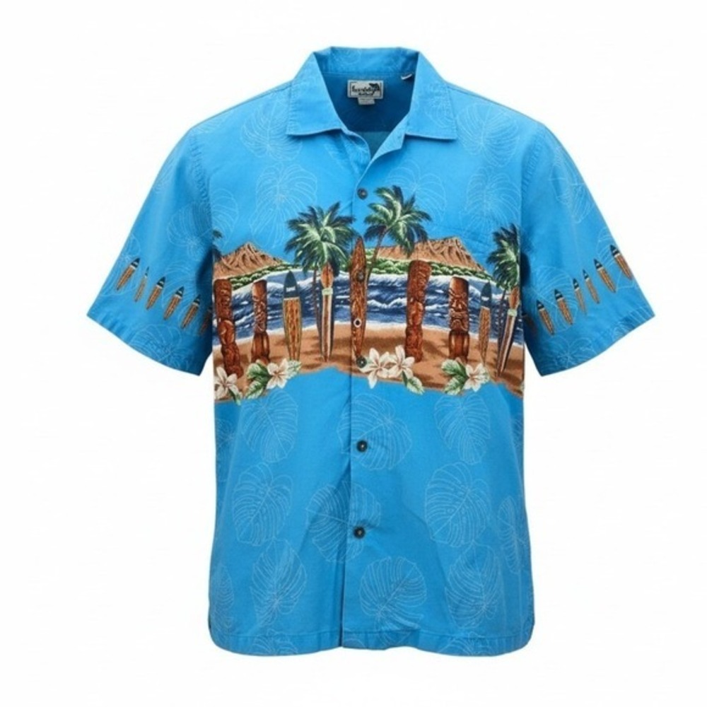 Paradise Style Hawaii Blue Aloha Tropical Surf‎ Island Relax Cotton Shirt Large